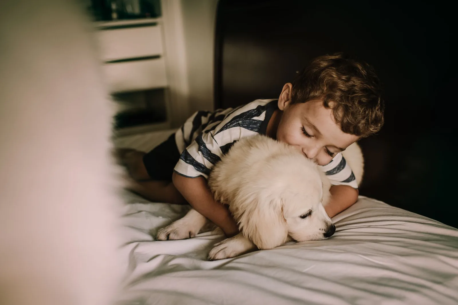 A child cuddling a fluffy puppy on a bed